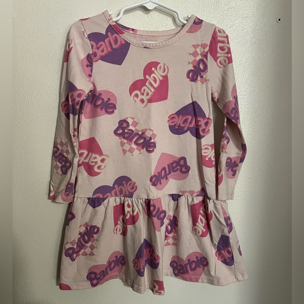 BARBIE Classic Long Sleeve Drop Waist Logo Play Dress Pink Purple Girls Size 4T